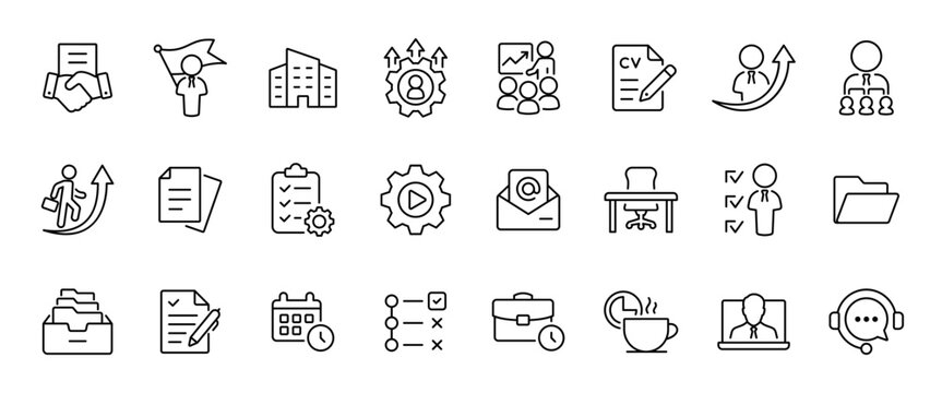 Office and business icon set with 25 outline icons. Career, employee, documents, project, training, schedule, tasks, email, support and remote work line icons for corporate UI, web and app design.