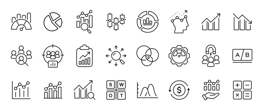 Analytics icon set with 25 outline icons. Data analysis, metrics, KPI, ROI, segmentation, A/B testing, charts, reports and performance line icons for marketing analytics, dashboards, web and apps.