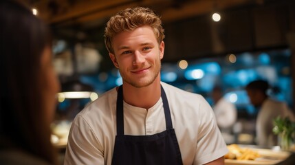 Fototapeta premium A server in a waist apron takes orders at a bustling restaurant, capturing the energetic atmosphere and dedication to customer service, perfect for dining establishment promotions. cinematic color