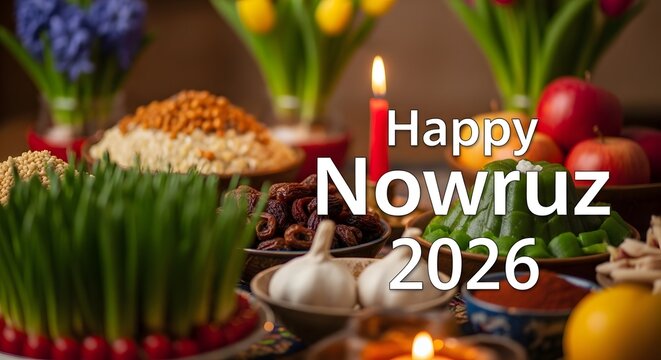 Happy nowruz 2026 text with traditional haft seen table arrangement