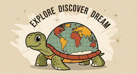 Obraz premium Retro cartoon turtle carrying a world map shell, warm earthy colors.