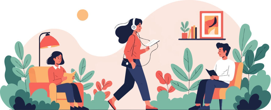 People enjoying indoor leisure with plants, books, and music