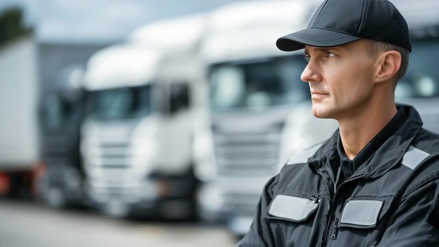 138Symbolic close-up of a customs officer standing before a line of freight trucks, officer in sharp focus while trucks blur into the background, visual contrast emphasizing authority