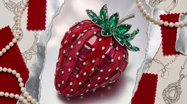 Luxury ruby and emerald gemstone strawberry brooch on designer background