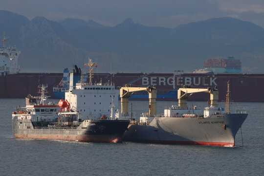 WHITDAWN (IMO 9604342), an oil products tanker, next to ATLANTIC ACANTHUS (IMO: 9189897), a refrigerated cargo ship, moored off Gibraltar, Europe in December 2025