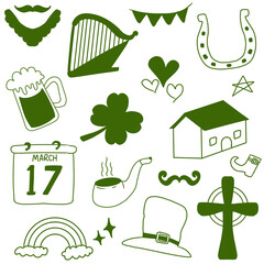 Naklejka premium set of St Patrick's Day icons and green ecology symbols featuring nature leaves, recycling elements, and earth environment illustrations for sustainable design