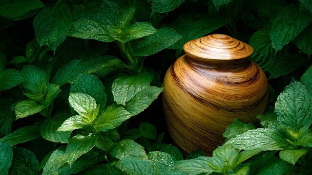 Wooden Cremation Urn Amidst Lush Green Leaves