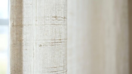 Natural linen fabric texture with rustic weave pattern and organic fibers, soft beige neutral tones for interior design and textile backgrounds.