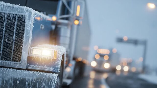 144Cinematic close-up of transit trucks waiting at a frozen border checkpoint, ice crystals clinging to mirrors and antennae, snow-packed tires gripping slick asphalt, amber marker li