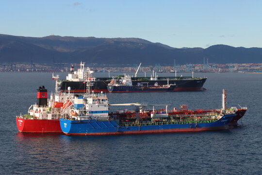 Oil products tankers, moored off Gibraltar, Europe in December 2025