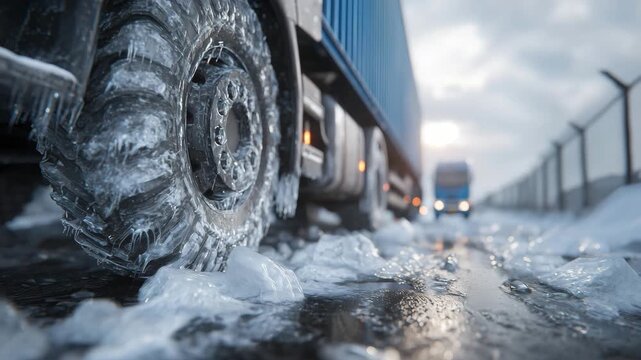 149Macro-style close-up of truck wheels and undercarriages in an icy border queue, tire treads packed with snow and ice, frozen slush clinging to axles, reflective patches of ice on t