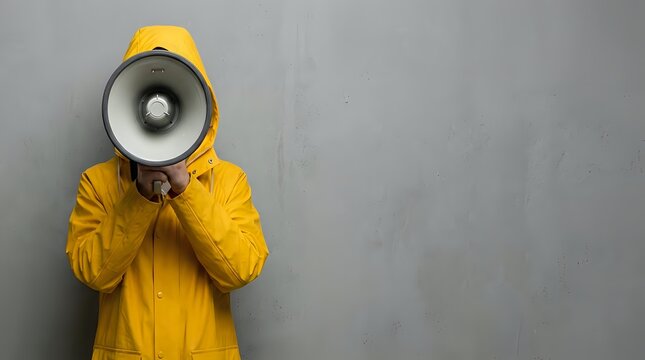 Person in yellow hoodie holding megaphone against gray wall for communication and announcement concepts.