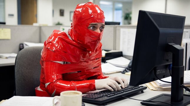 Office worker wrapped in red tape at desk using computer concept