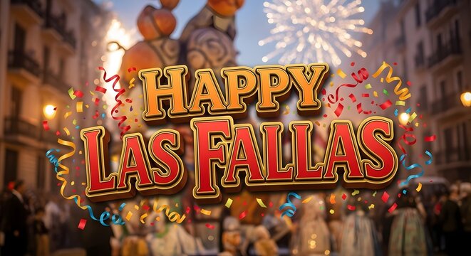 Happy las fallas celebration with confetti and fireworks