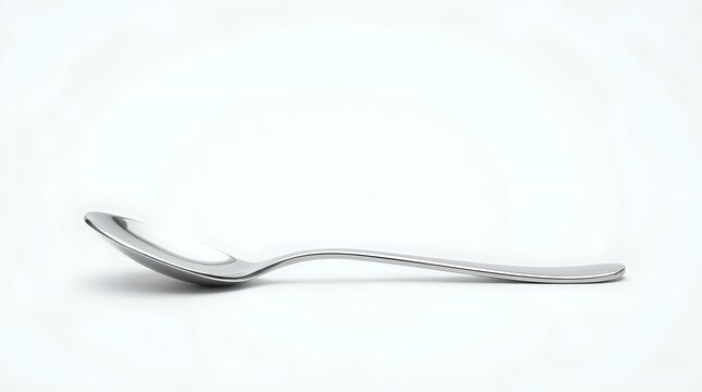Single stainless steel spoon isolated on white background for kitchen utensil design projects and culinary presentations.