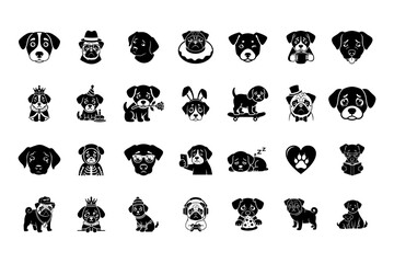 Fototapeta premium Funny Dog Characters with Glasses, Hats, Costumes, and Emotions Vector Icons.