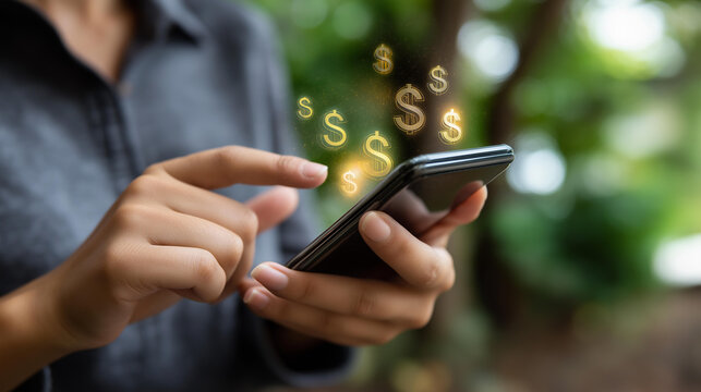 Affiliate marketing strategy on mobile phone, defocused dollar sign graphics, online business growth, earning money, mobile commerce, digital revenue, with copy space