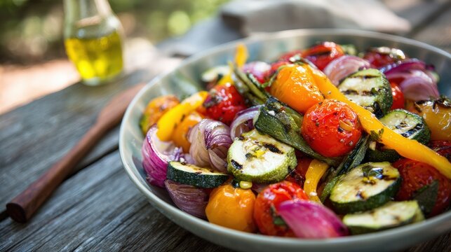Colorful Grilled Summer Vegetable Medley on Outdoor Picnic Table