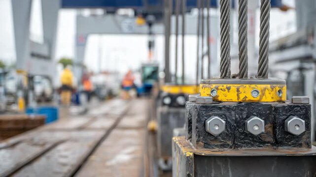 162Macro-style close-up of container corner fittings during crane placement onto railway platform, steel textures, bolts, and locking points clearly visible, motion implied by taut ca