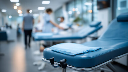Fototapeta premium Medium shot urban family medicine exam room, defocused clean organized layout, central exam table and modern medical equipment, softly blurred background, clinical setting, with