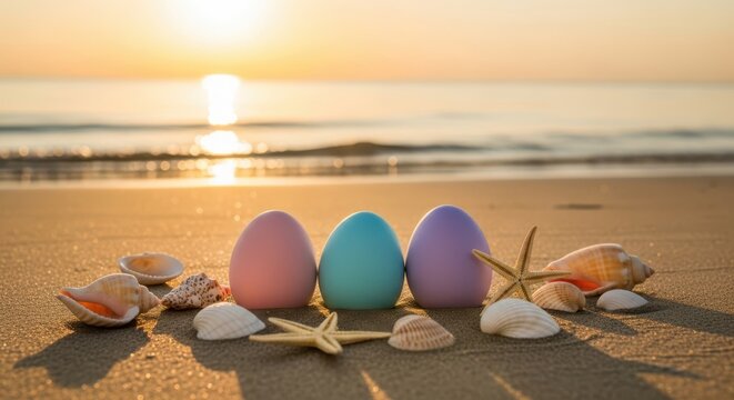 Easter sunday day beach scene with colorful eggs and seashells at sunset
