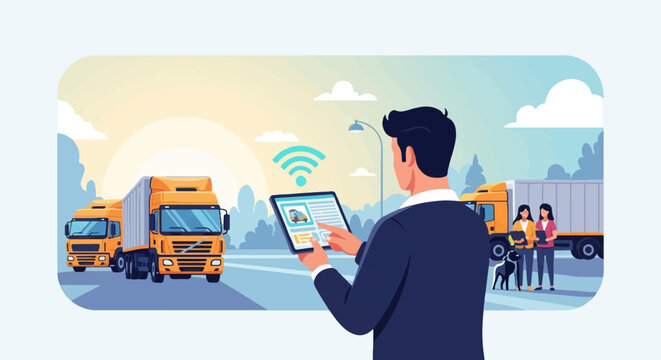 Manager overseeing logistics with tablet, trucks, and staff in background