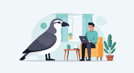 Man works on laptop near giant bird and plants in a modern room