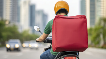 Urban food delivery rider on motorcycle with red backpack navigating city streets