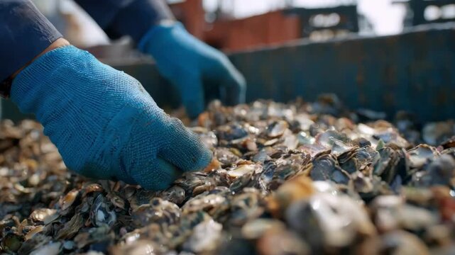 Medium shot capturing the careful handling of industrial waste materials to avoid accidental contamination of marine environments.
