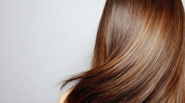 Shiny straight brown hair with natural highlights against soft gray background