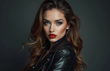 Fototapeta premium Attractive woman with long brown hair wears a black leather jacket and red lipstick. Her gaze is direct, conveying confidence and allure. Studio portrait with dark background highlights her features.