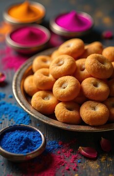 Small fried Indian sweet balls are served on a plate with vibrant Holi powder in bowls. The golden snacks are arranged around colorful powders like blue, pink, and yellow for a festive scene.