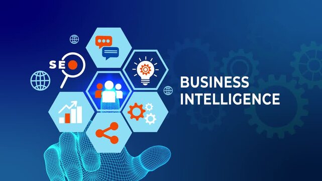 Business Intelligence Concept with Virtual Hand and Data Analytics Icons, Futuristic HUD Interface featuring Business Intelligence Text and SEO Symbols