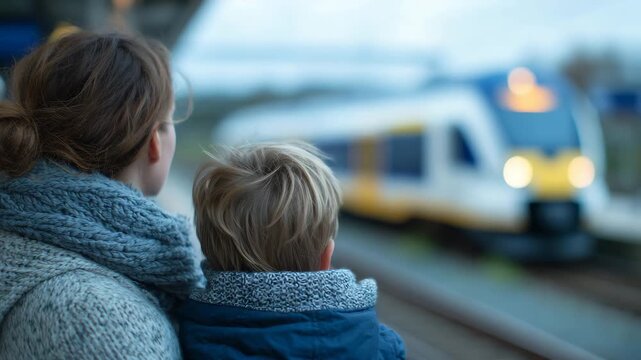 178Back view close-up of mother and son waiting for a train, mother on left, son looking forward, detailed textures of winter coats and gloves visible, train softly blurred in motion,