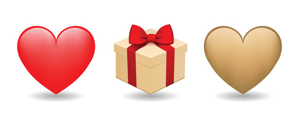 Red color heart shape and gift box illustration with a red ribbon and bow, isolated on a white background