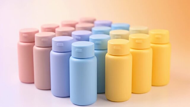 Pastel Colored Small Cosmetic Bottles for Skincare and Travel Accessories Set in Studio Lighting with Cream and Peach