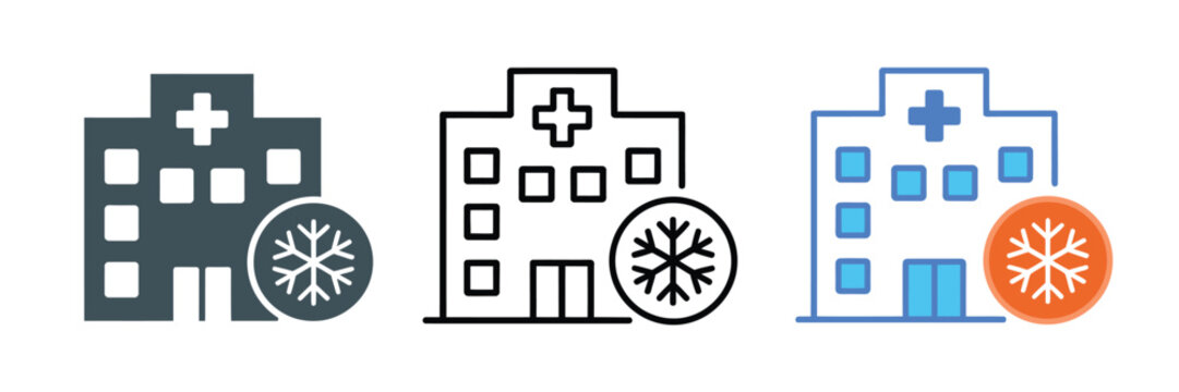 Cryosurgery simple hospital building with snowflake dermatology badge, medical clinic icon, cold therapy treatment concept, healthcare center symbol, minimal flat vector illustration isolated o
