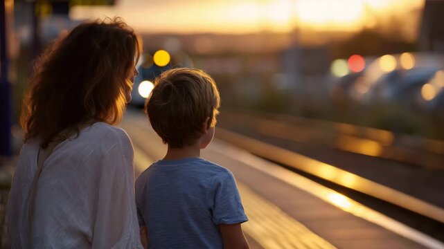 184Golden-hour close-up of a mother and son on a train platform, mother on left, back toward viewer, son looking up at her, train blurred but lights glowing, warm reflections on polis