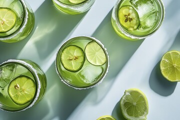 Refreshing lime and cucumber drinks with ice on a blue surface