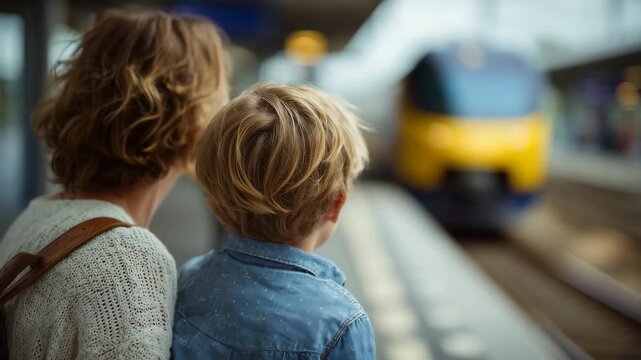 185Intimate composition of a mother and son looking at a train, mother on the left with back to camera, son gazing at train doors, textured platform tiles and steel rails in sharp foc