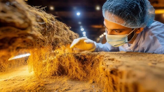 Medium shot of a technician measuring the biodegradability of sustainable materials through soil exposure experiments