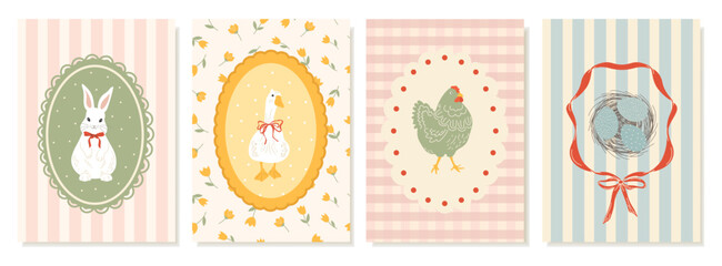 Cute Easter posters with Easter bunny, chicken, goose and eggs in frames. Vintage design for greeting cards, banners, covers © IVONINA