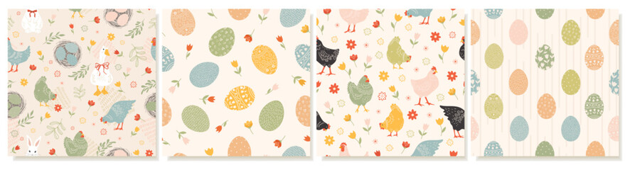 Easter Seamless Patterns With Chickens, Eggs, Rabbit, Goose and Cute Spring Flowers. Doodle  design for greeting cards, covers, backgrounds