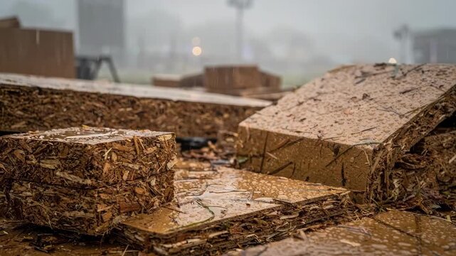 Medium shot of raindampened compostable festival stage materials glistening under droplets the wet texture of the panels in clear focus against a misty background.