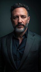 Fototapeta premium Portrait of confident man in suit with minimalist dark background