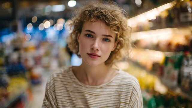 210Backlit cinematic shot of a young woman in a supermarket, beige striped top and curly hair illuminated by overhead lights, products on shelves glowing softly in the warm light, ref