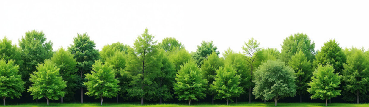 Green forest edge with varied trees and grass in summer. Deciduous and coniferous trees stand in a row. Lush foliage creates natural border.