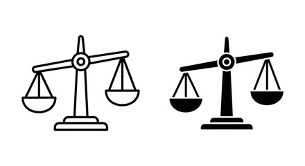 Scales of justice icon, balancing weights for law, balance, or measurement in outline and solid black