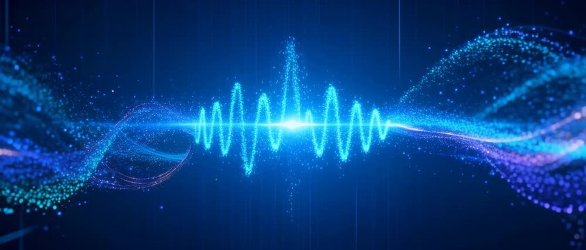 Vibrant Blue Digital Soundwave Animation with Glowing Particle Effects and Dynamic Light Trails on Dark Background