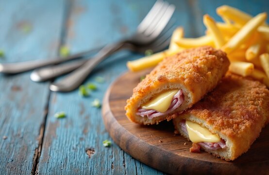Crispy chicken cordon bleu stuffed with ham and cheese served with french fries. Juicy meat melts with savory ham and gooey cheese filling. Delicious comfort food on rustic wooden board.